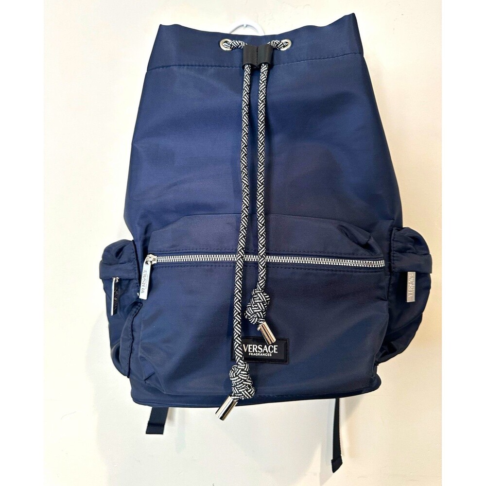 Versace Blue Drawstring Backpack Zip Pockets Adjustable Shoulder Strap Unisex